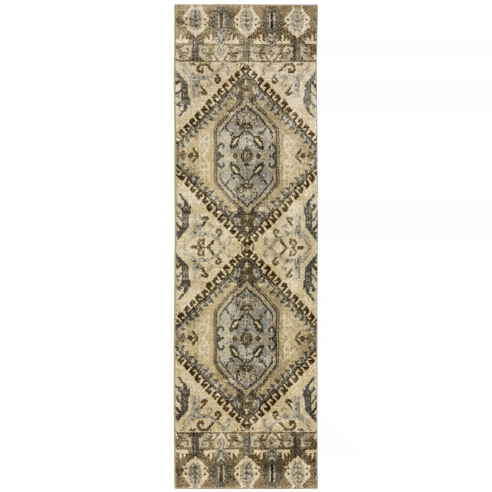 2' X 8' Tan And Gold Central Medallion Indoor Runner Rug - Homeroots