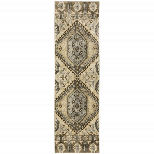 2' X 8' Tan And Gold Central Medallion Indoor Runner Rug