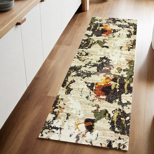 8' Runner Beige and Black Power Loom Runner Rug - Homeroots