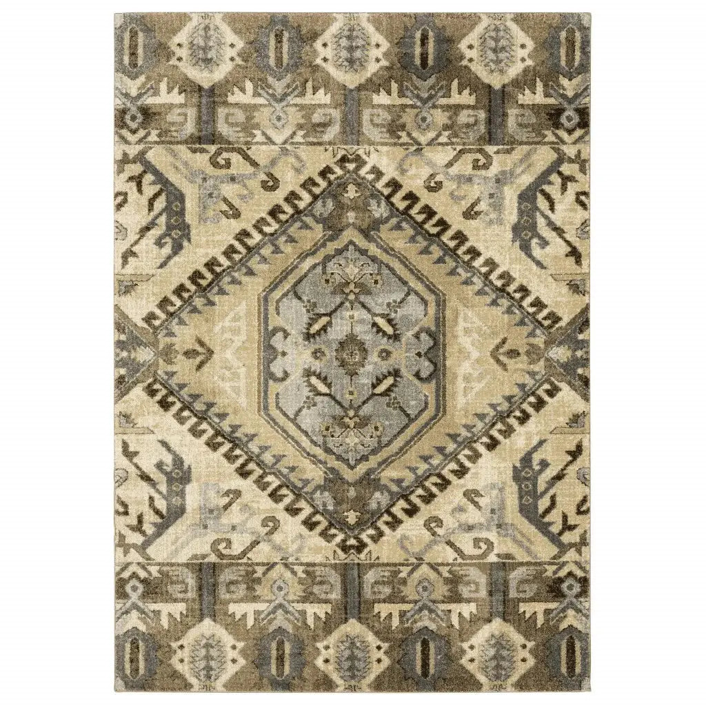 5' X 8' Tan And Gold Central Medallion Indoor Area Rug - Homeroots - Flyclothing LLC