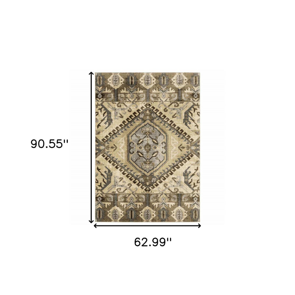 5' X 8' Tan And Gold Central Medallion Indoor Area Rug - Homeroots - Flyclothing LLC