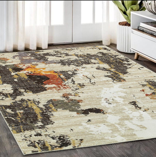 5' X 7' Beige and Black Power Loom Area Rug - Homeroots