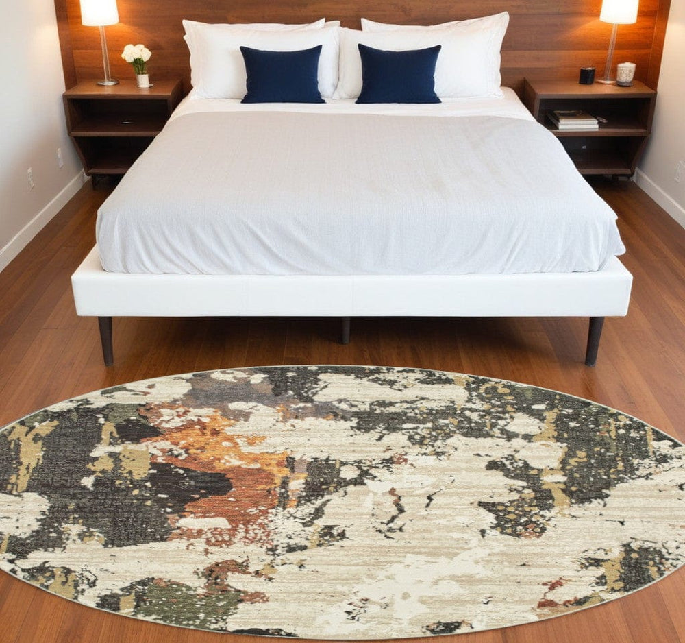8' Beige and Black Round Power Loom Area Rug - Homeroots