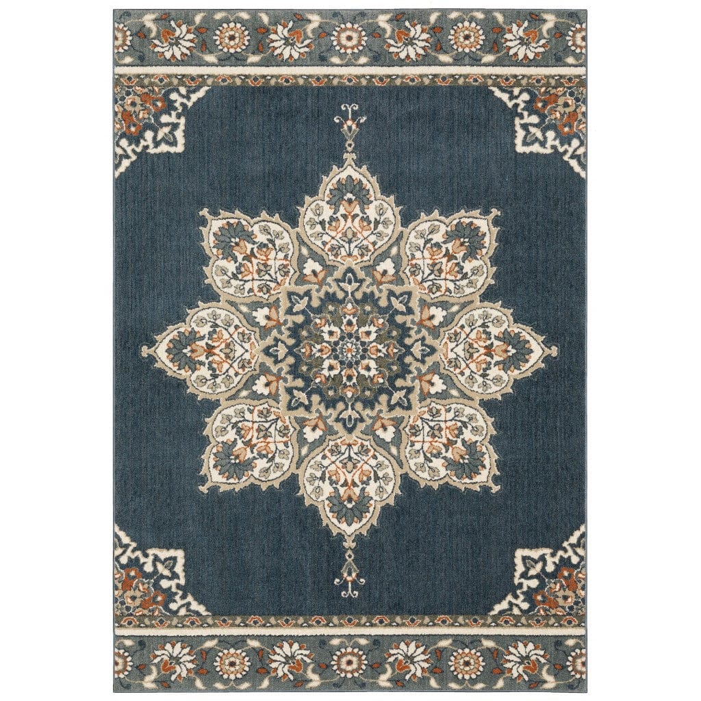 10' X 13' Blue And Beige Floral Medallion Indoor Area Rug
