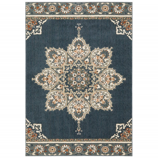 10' X 13' Blue And Beige Floral Medallion Indoor Area Rug