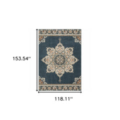 10' X 13' Blue And Beige Floral Medallion Indoor Area Rug