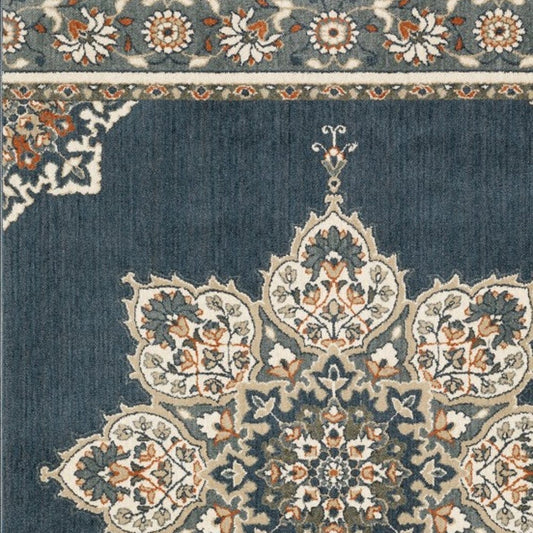 10' X 13' Blue And Beige Floral Medallion Indoor Area Rug