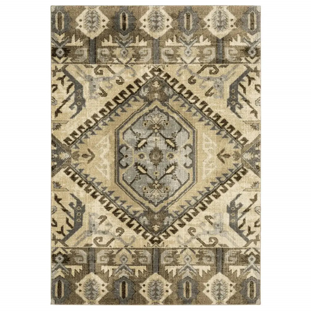 10' X 13' Tan And Gold Central Medallion Indoor Area Rug - Homeroots - Flyclothing LLC