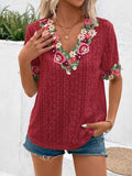 Eyelet Embroidered V-Neck Short Sleeve Blouse - Trendsi - Flyclothing LLC