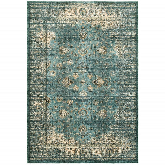 10' X 13' Peacock Blue And Ivory Indoor Area Rug