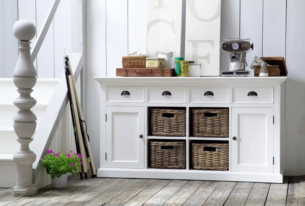 Modern Farmhouse White Buffet With Baskets - Homeroots - Flyclothing LLC
