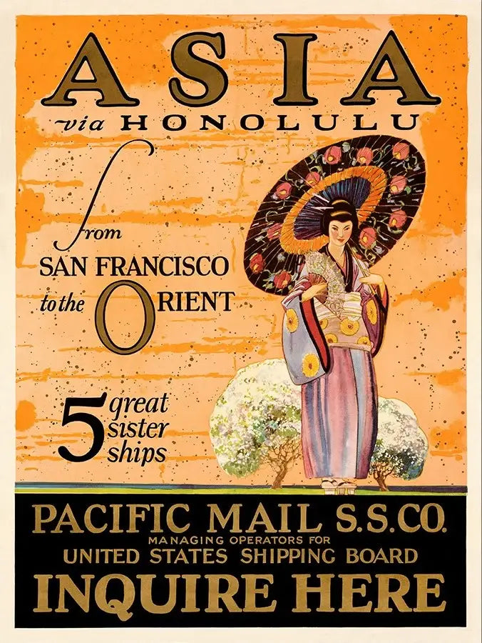Asia via Honolulu Vintage Travel Unframed Print Wall Art - Homeroots - Flyclothing LLC