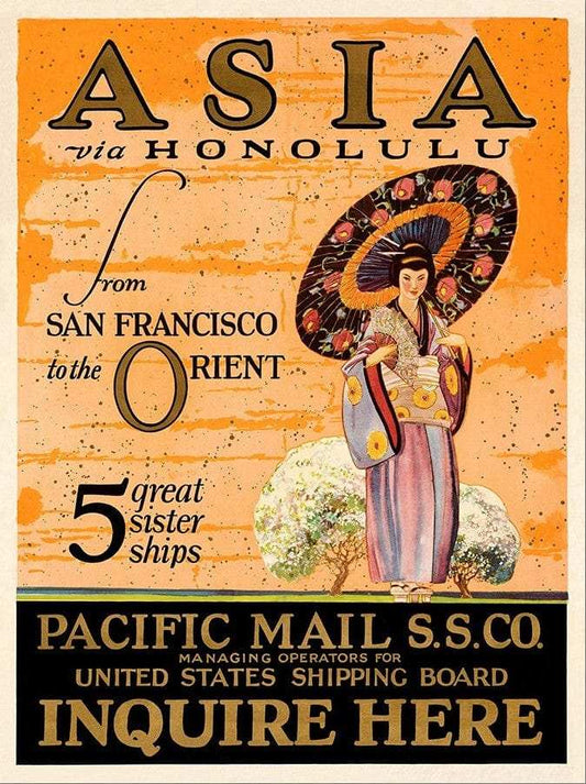 Asia via Honolulu Vintage Travel Unframed Print Wall Art - Homeroots - Flyclothing LLC