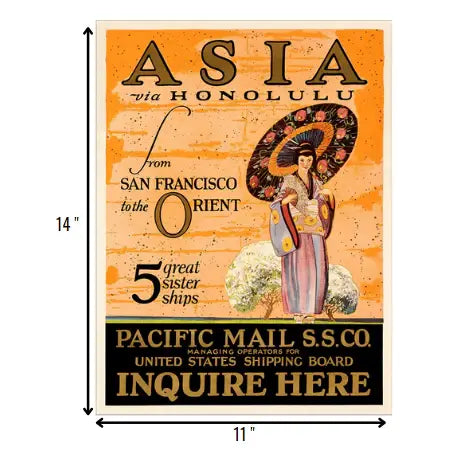 Asia via Honolulu Vintage Travel Unframed Print Wall Art - Homeroots - Flyclothing LLC