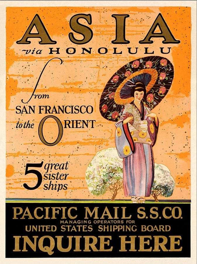 Asia via Honolulu Vintage Travel Unframed Print Wall Art - Homeroots - Flyclothing LLC