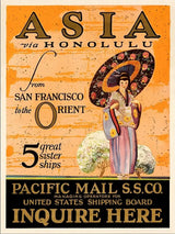 Asia Via Honolulu Vintage Travel Unframed Print Wall Art - Homeroots - Flyclothing LLC