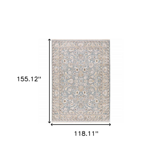 9' X 12' Blue Ivory Machine Woven Floral Oriental Indoor Area Rug