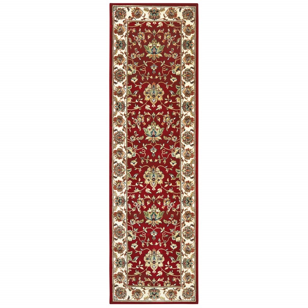 8' Red Ivory Machine Woven Floral Oriental Indoor Runner Rug - Homeroots