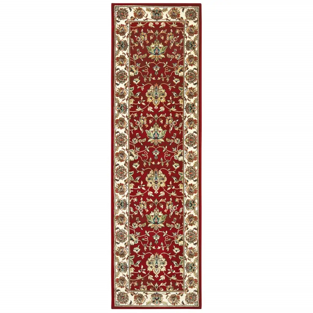 8' Red Ivory Machine Woven Floral Oriental Indoor Runner Rug - Homeroots - Flyclothing LLC