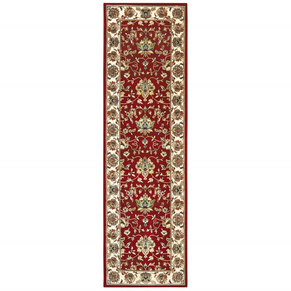 8' Red Ivory Machine Woven Floral Oriental Indoor Runner Rug - Homeroots