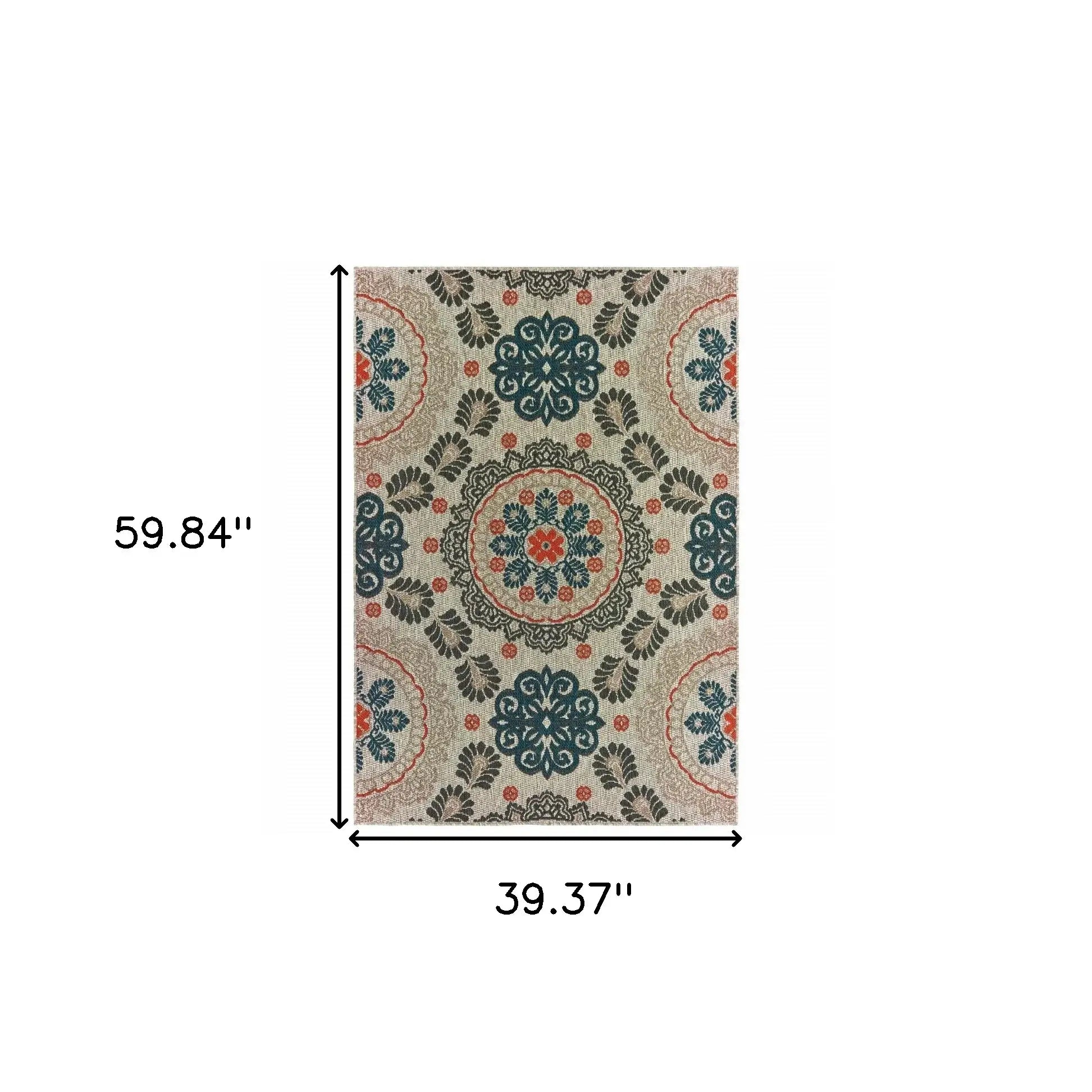 3' X 5' Blue and Gray Damask Indoor Outdoor Area Rug - Homeroots - Flyclothing LLC