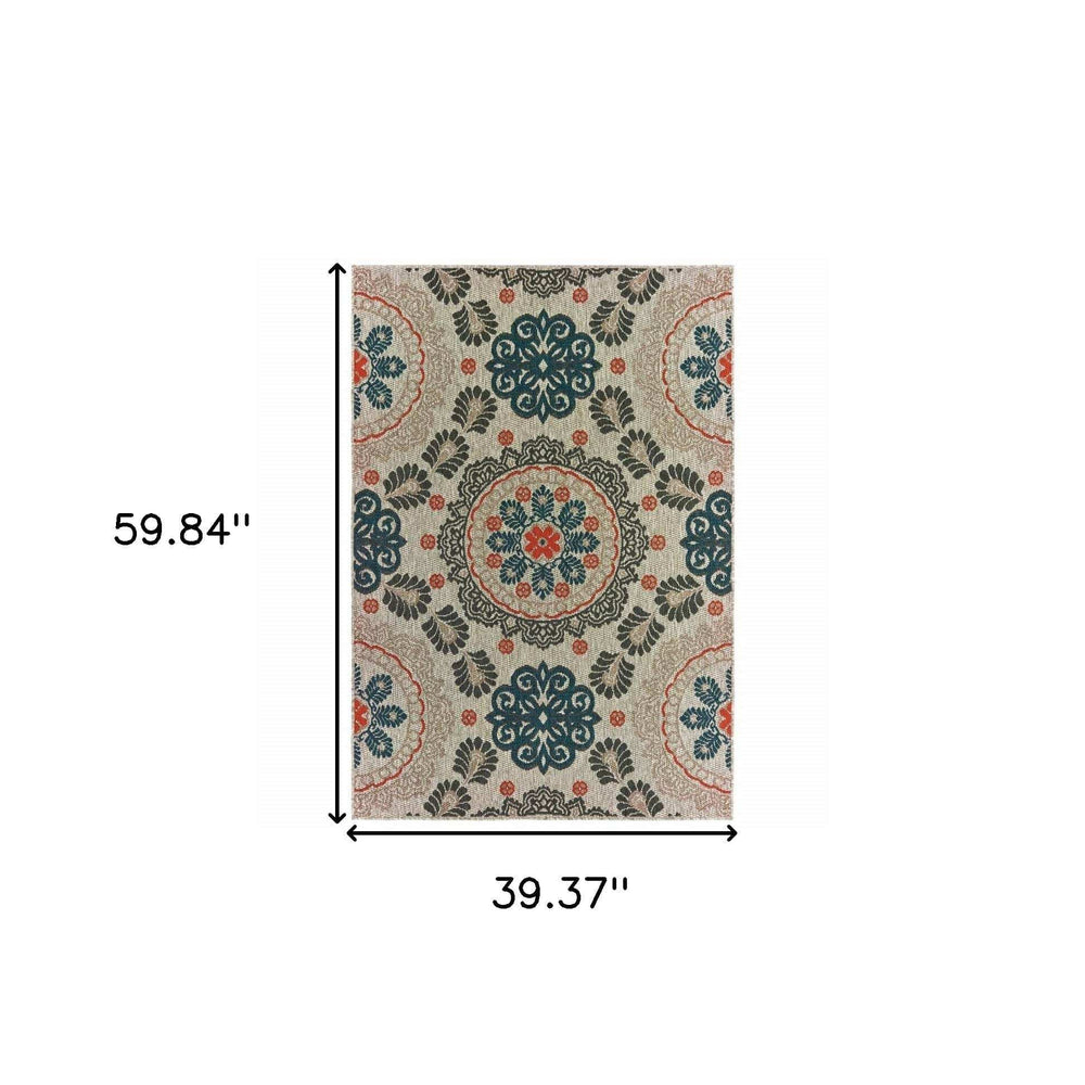 3' X 5' Blue and Gray Damask Indoor Outdoor Area Rug - Homeroots - Flyclothing LLC