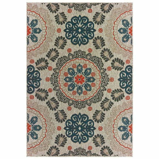 7' X 9' Blue and Gray Damask Indoor Outdoor Area Rug - Homeroots - Flyclothing LLC
