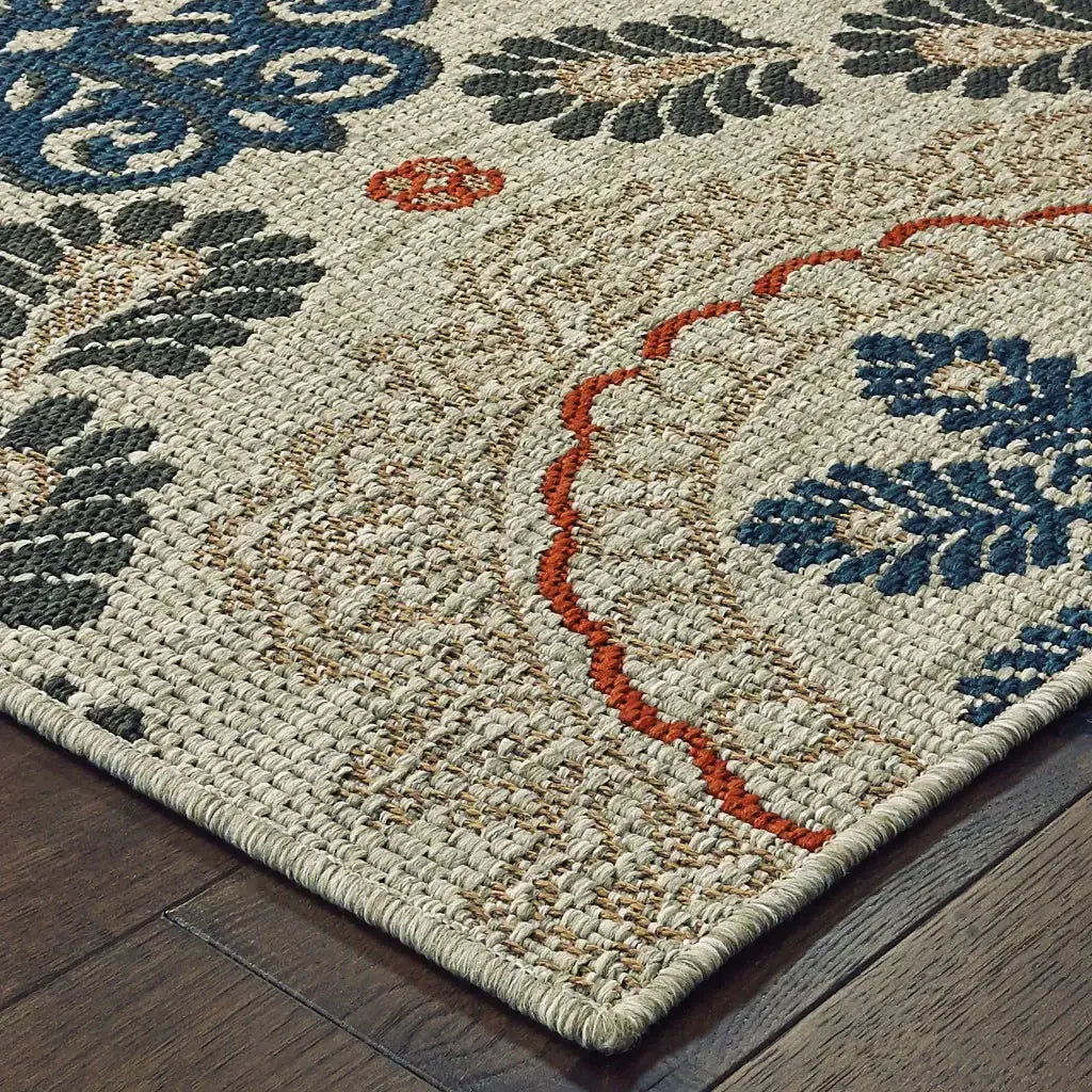 7' X 9' Blue and Gray Damask Indoor Outdoor Area Rug - Homeroots - Flyclothing LLC