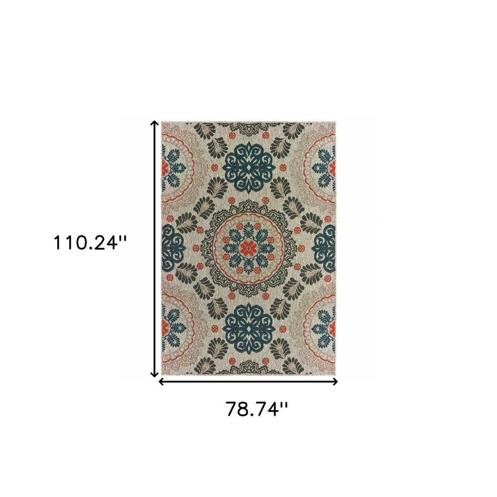 7' X 9' Blue and Gray Damask Indoor Outdoor Area Rug - Homeroots - Flyclothing LLC
