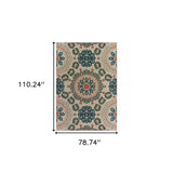 7' X 9' Blue and Gray Damask Indoor Outdoor Area Rug - Homeroots