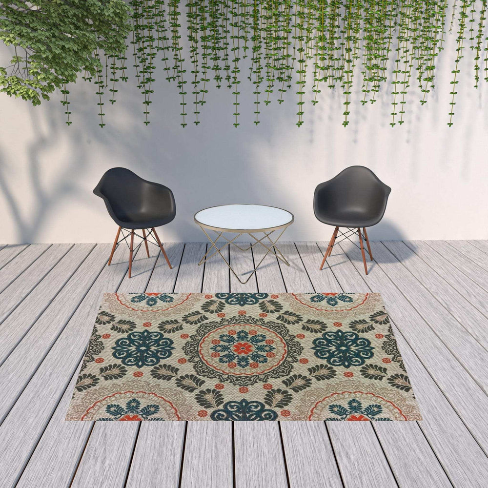 7' X 9' Blue and Gray Damask Indoor Outdoor Area Rug - Homeroots - Flyclothing LLC