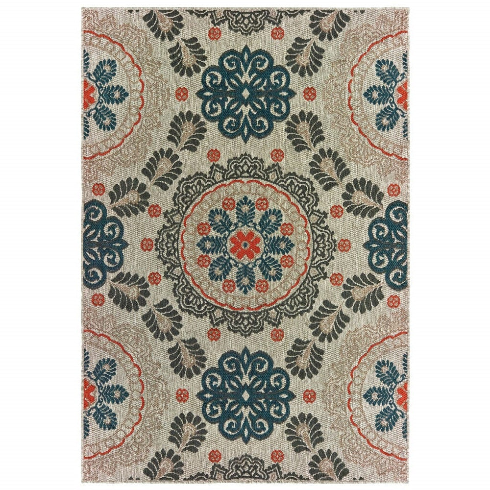 8' X 10' Blue and Gray Damask Indoor Outdoor Area Rug - Homeroots