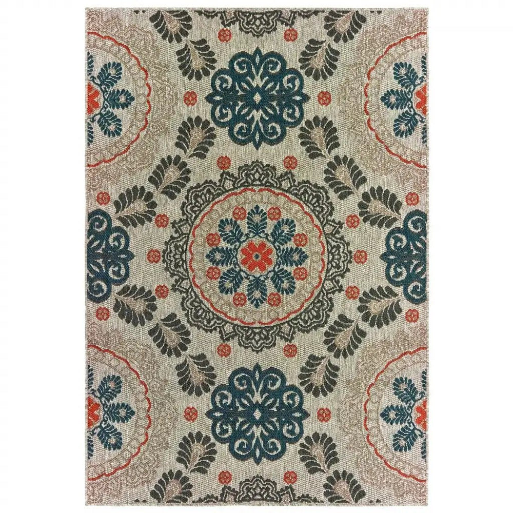 10' X 13' Blue and Gray Damask Indoor Outdoor Area Rug - Homeroots