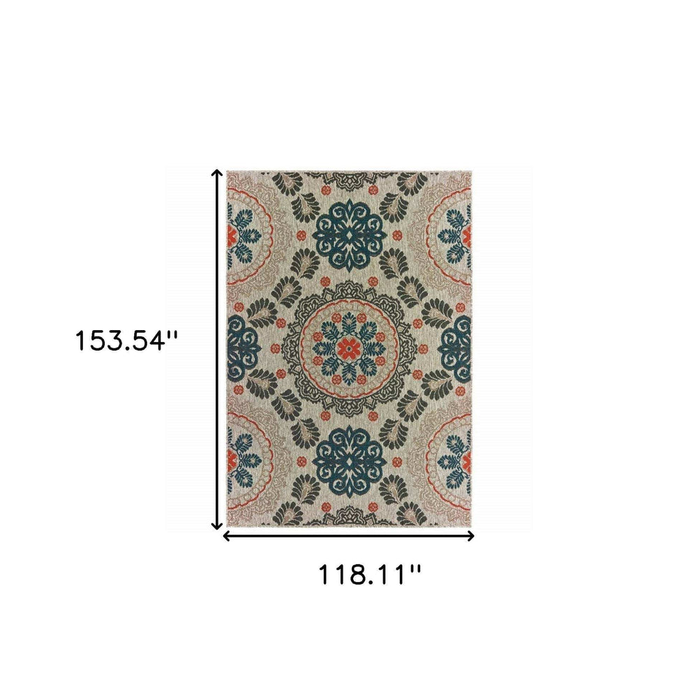 10' X 13' Blue and Gray Damask Indoor Outdoor Area Rug - Homeroots - Flyclothing LLC