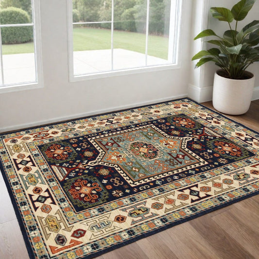 2' X 3' Blue Ivory Machine Woven Medallion Indoor Area Rug