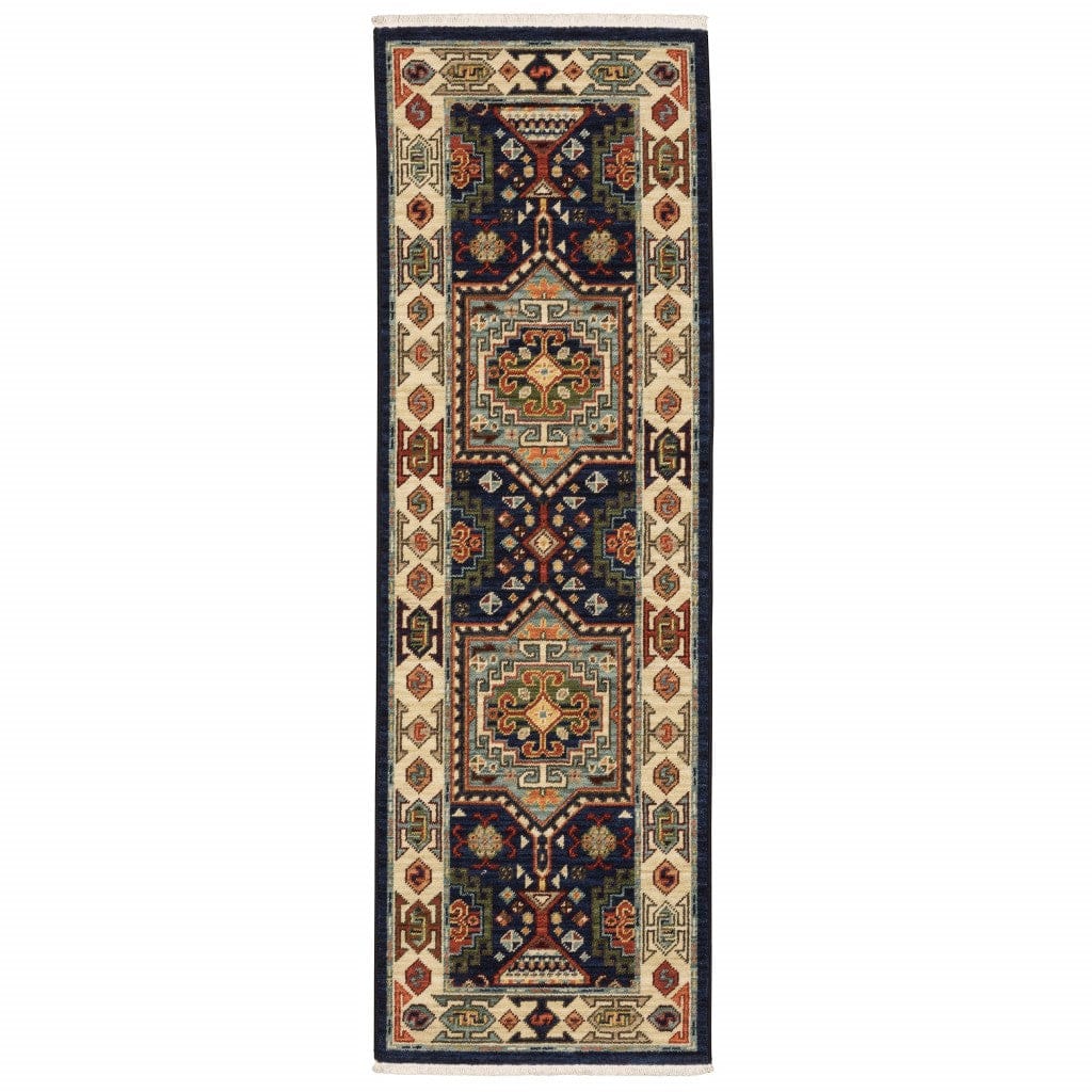 6' Blue Ivory Machine Woven Medallion Indoor Runner Rug - Homeroots
