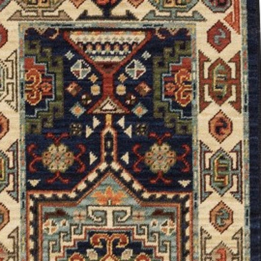 6' Blue Ivory Machine Woven Medallion Indoor Runner Rug - Homeroots