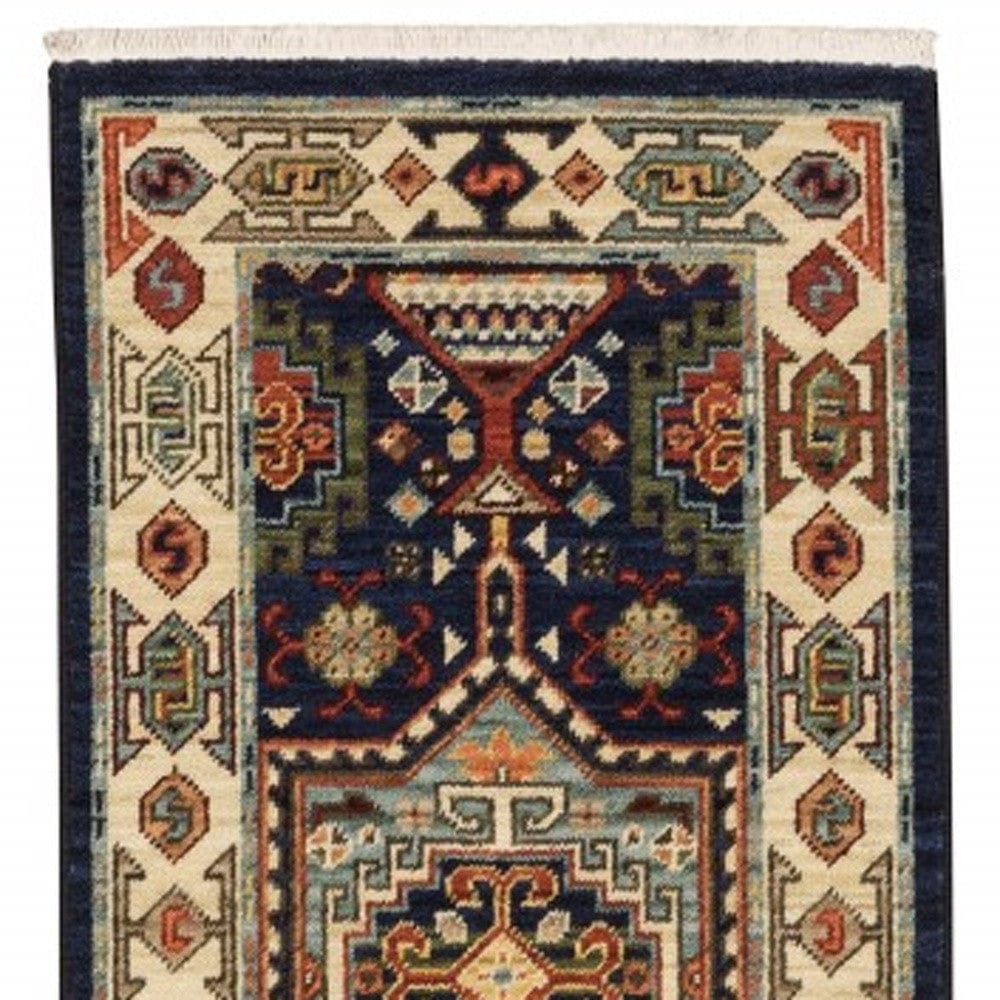 6' Blue Ivory Machine Woven Medallion Indoor Runner Rug - Homeroots
