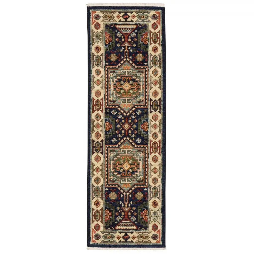 12' Blue Ivory Machine Woven Medallion Indoor Runner Rug - Homeroots - Flyclothing LLC