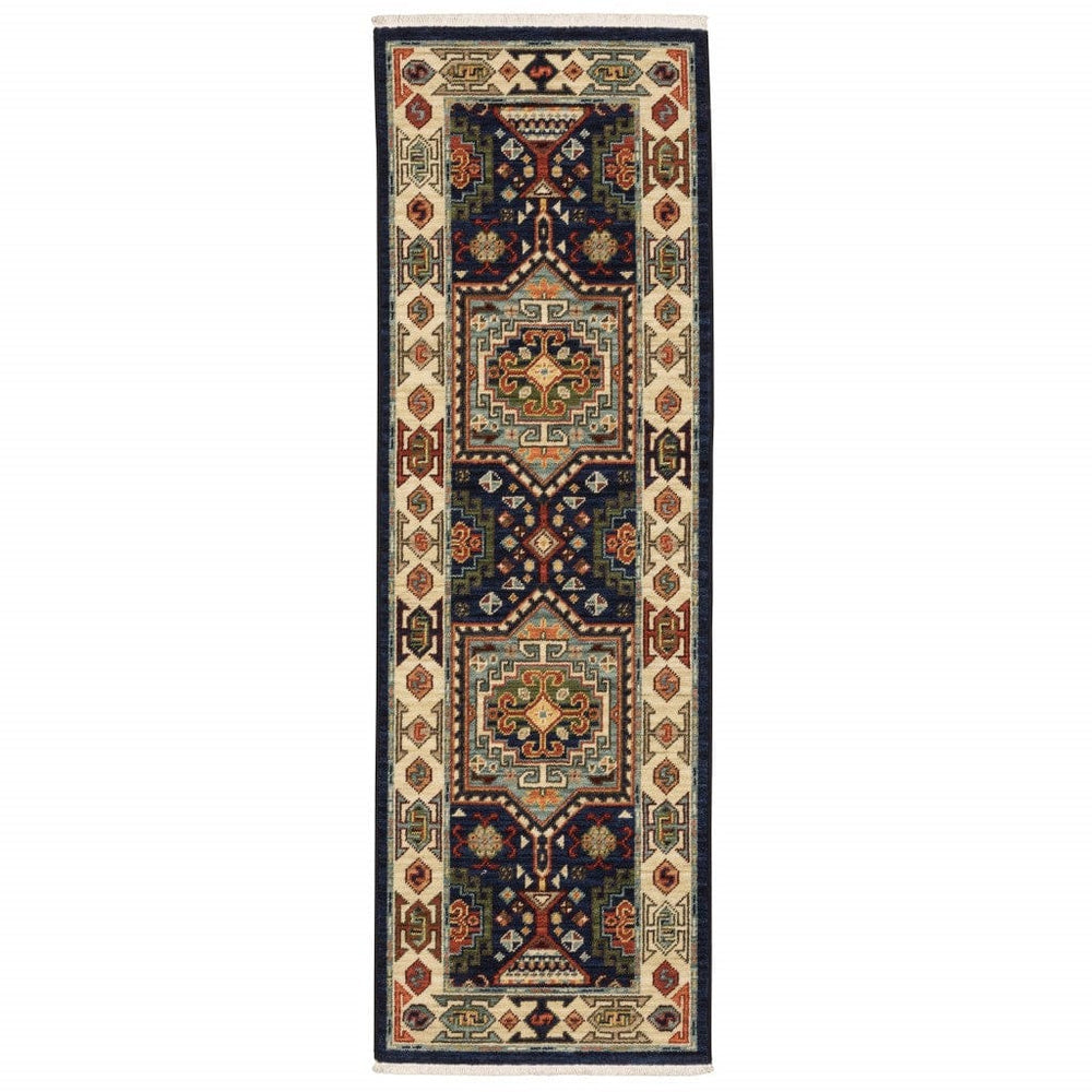 12' Blue Ivory Machine Woven Medallion Indoor Runner Rug - Homeroots