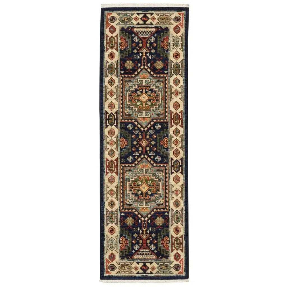 12' Blue Ivory Machine Woven Medallion Indoor Runner Rug - Homeroots - Flyclothing LLC