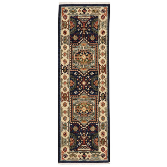 12' Blue Ivory Machine Woven Medallion Indoor Runner Rug