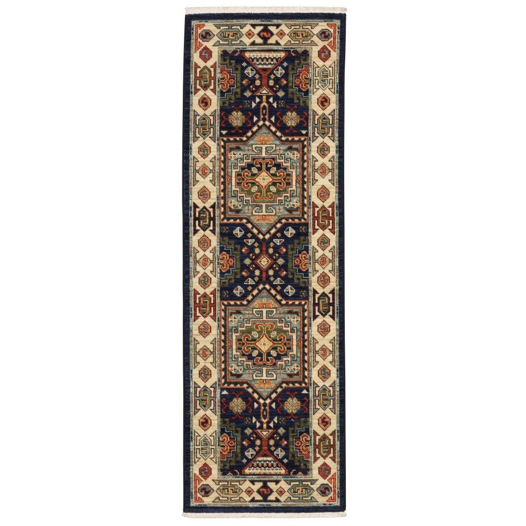 12' Blue Ivory Machine Woven Medallion Indoor Runner Rug