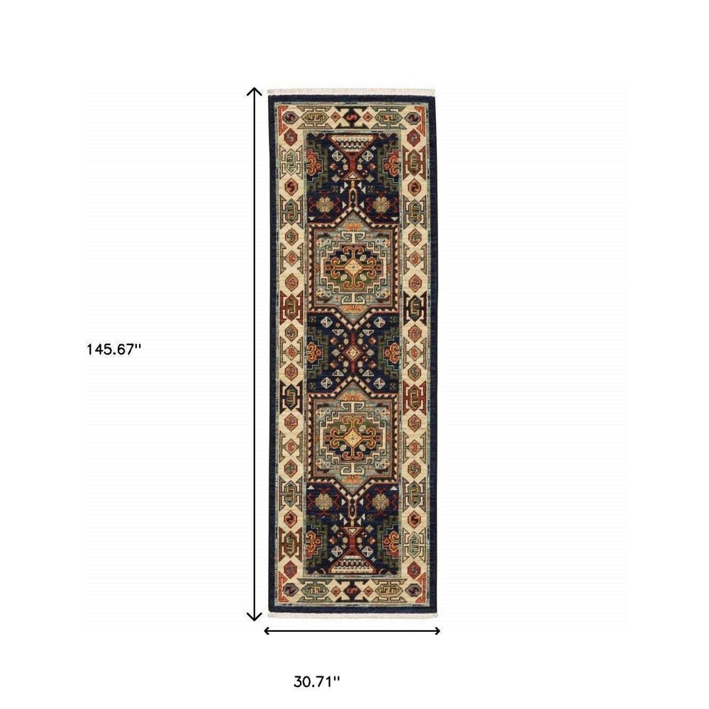 12' Blue Ivory Machine Woven Medallion Indoor Runner Rug - Homeroots - Flyclothing LLC
