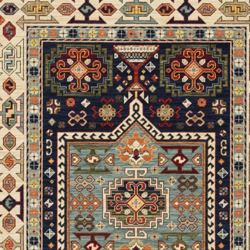 3' X 5' Blue Ivory Machine Woven Medallion Indoor Area Rug