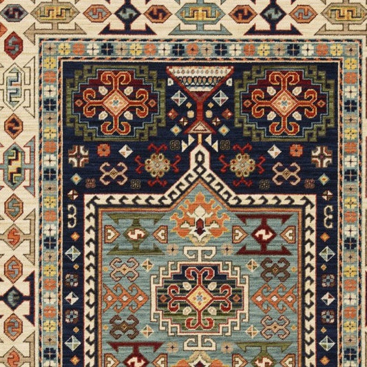 3' X 5' Blue Ivory Machine Woven Medallion Indoor Area Rug