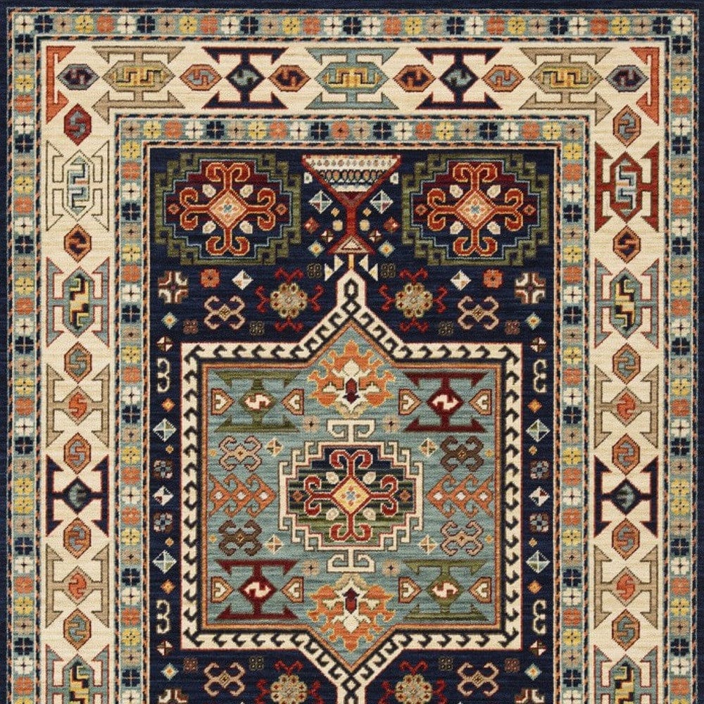 3' X 5' Blue Ivory Machine Woven Medallion Indoor Area Rug