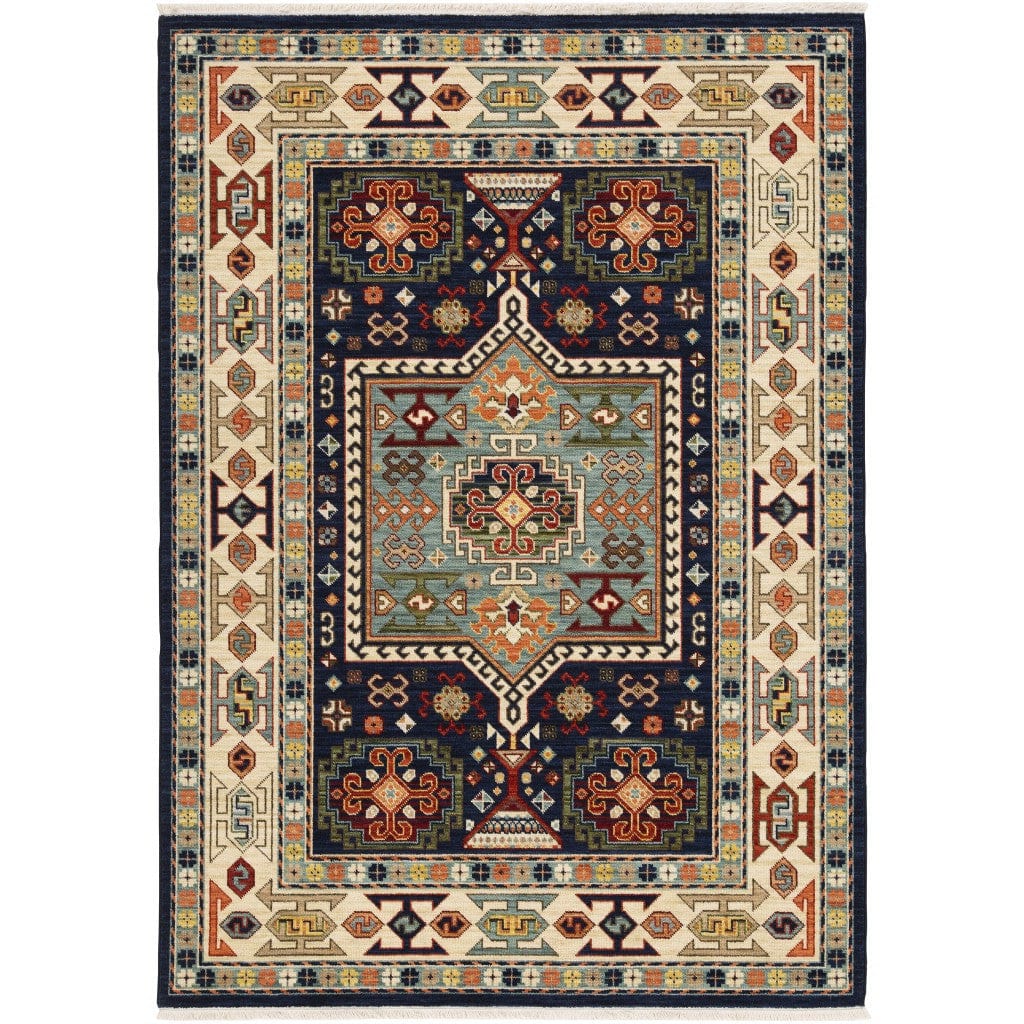 6' X 9' Blue Ivory Machine Woven Medallion Indoor Area Rug - Homeroots