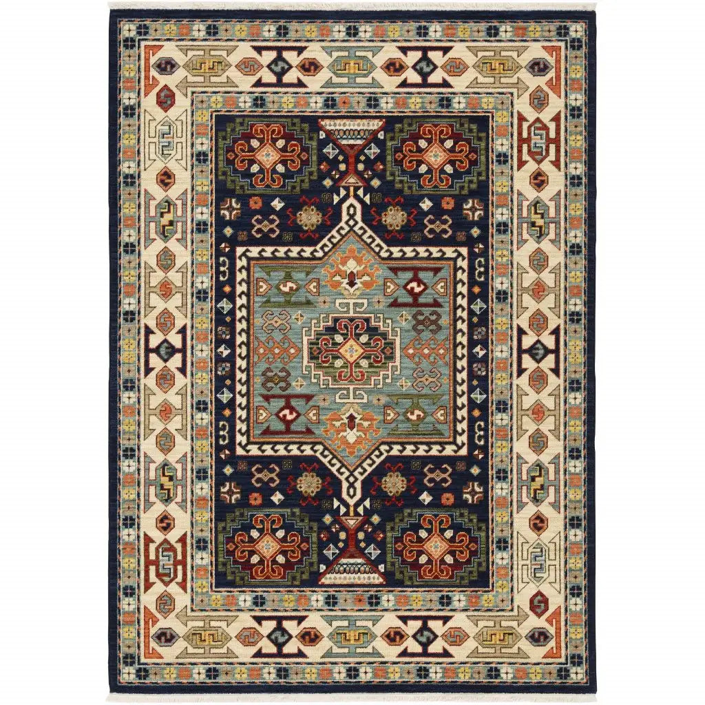 7' X 10' Blue Ivory Machine Woven Medallion Indoor Area Rug - Homeroots - Flyclothing LLC
