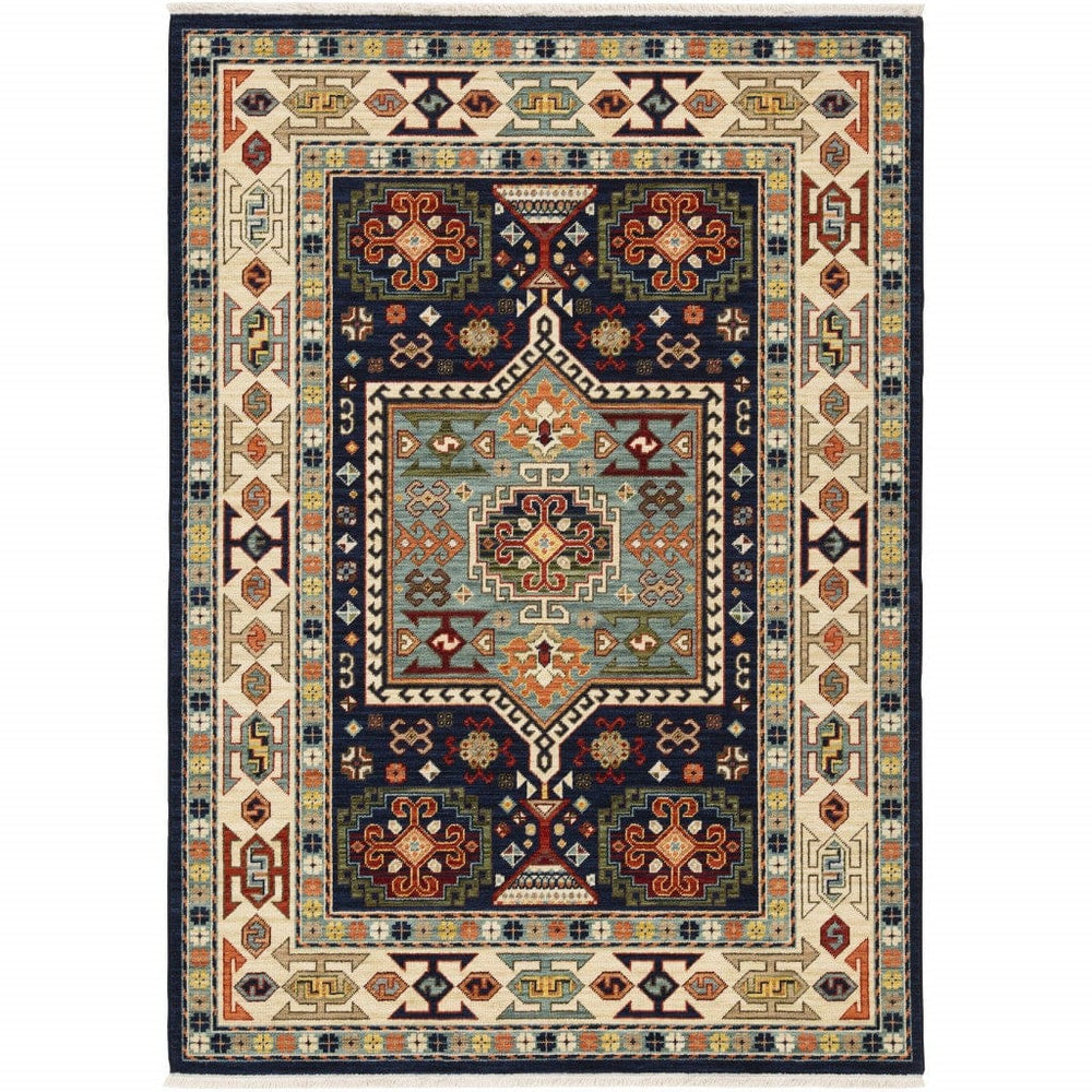 7' X 10' Blue Ivory Machine Woven Medallion Indoor Area Rug - Homeroots